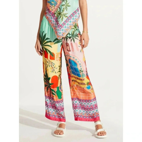 Seafolly On Vacation Silk Pant Printed Drawstring Relaxed Wide Leg Azure Medium - Picture 1 of 17